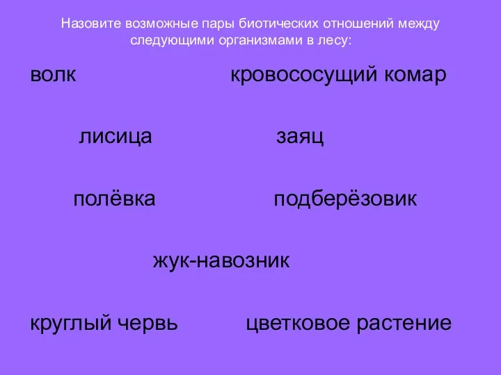 Назовите возможные пары биотических отношений между следующими организмами в лесу: