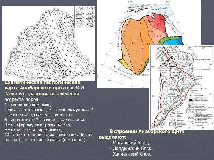 Схематическая геологическая карта Анабарского щита (по М.И. Рабкину) с данными