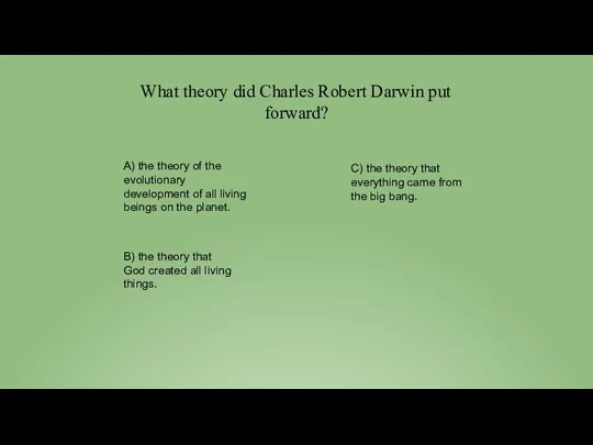 What theory did Charles Robert Darwin put forward? A) the theory of the