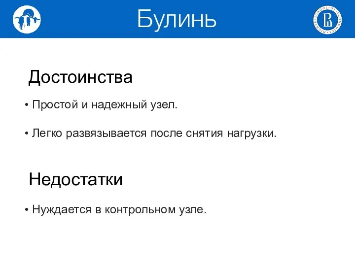 Достоинства Простой и надежный узел. Легко развязывается после снятия нагрузки. Недостатки Нуждается в контрольном узле. Булинь