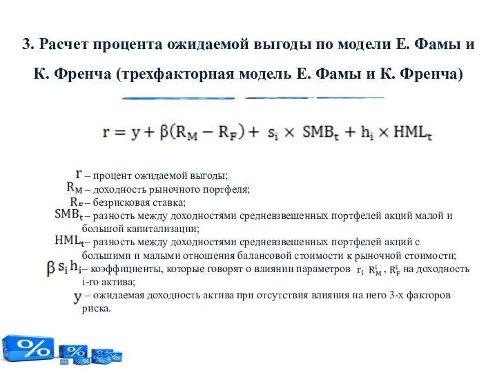 – процент ожидаемой выгоды; – доходность рыночного портфеля; – безрисковая