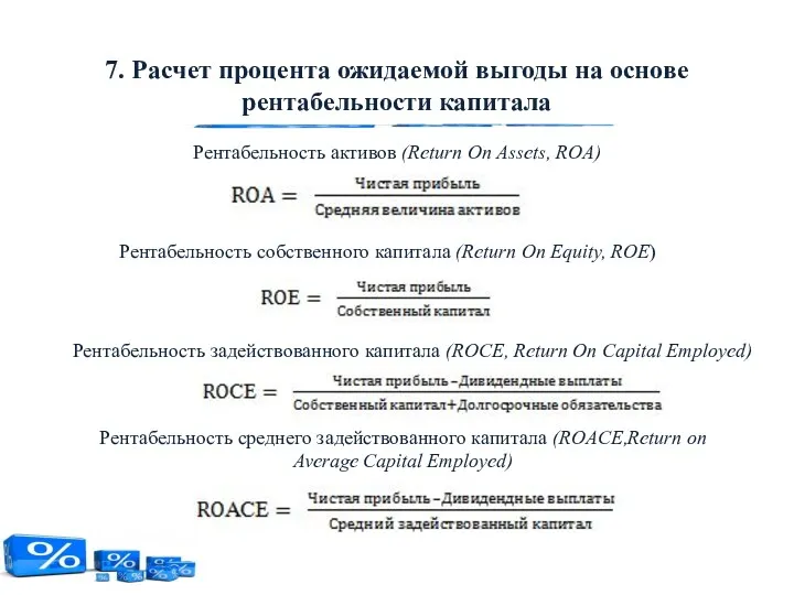 7. Расчет процента ожидаемой выгоды на основе рентабельности капитала Рентабельность