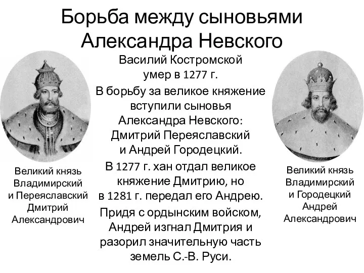 Борьба между сыновьями Александра Невского Василий Костромской умер в 1277