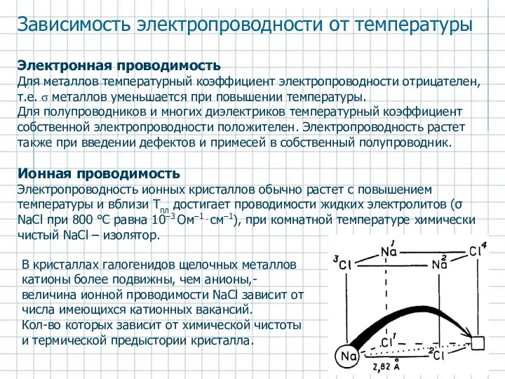 Зависимость электропроводности от температуры Электронная проводимость Для металлов температурный коэффициент