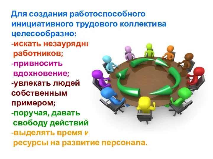 Для создания работоспособного инициативного трудового коллектива целесообразно: -искать незаурядных работников;