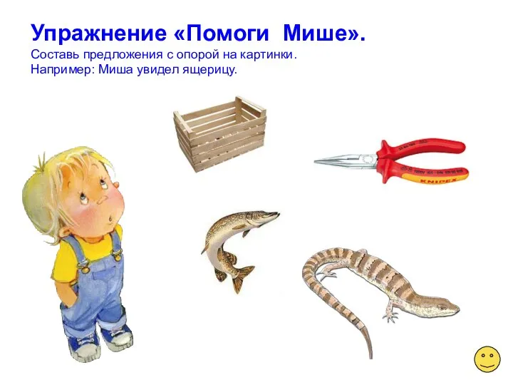 Упражнение «Помоги Мише». Составь предложения с опорой на картинки. Например: Миша увидел ящерицу.