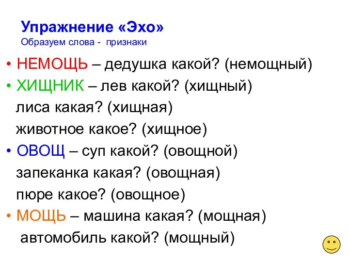 Упражнение «Эхо» Образуем слова - признаки НЕМОЩЬ – дедушка какой? (немощный) ХИЩНИК –