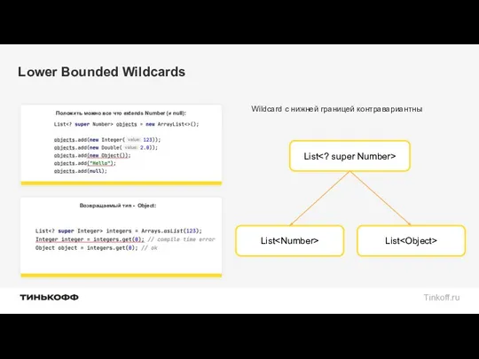 Lower Bounded Wildcards Wildcard с нижней границей контравариантны Возвращаемый тип - Object: Положить