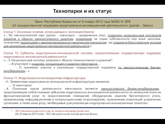 Технопарки и их статус Закон Республики Казахстан от 9 января