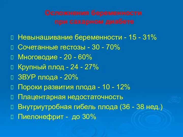 Осложнения беременности при сахарном диабете Невынашивание беременности - 15 -