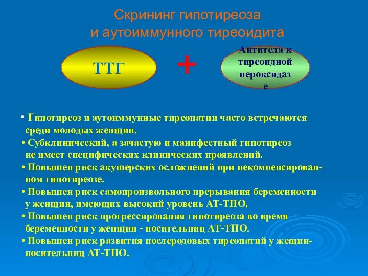 Cкрининг гипотиреоза и аутоиммунного тиреоидита ТТГ Антитела к тиреоидной пероксидазе