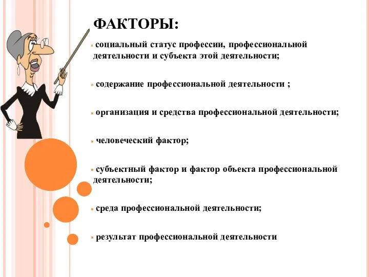 ФАКТОРЫ: социальный статус профессии, профессиональной деятельности и субъекта этой деятельности;