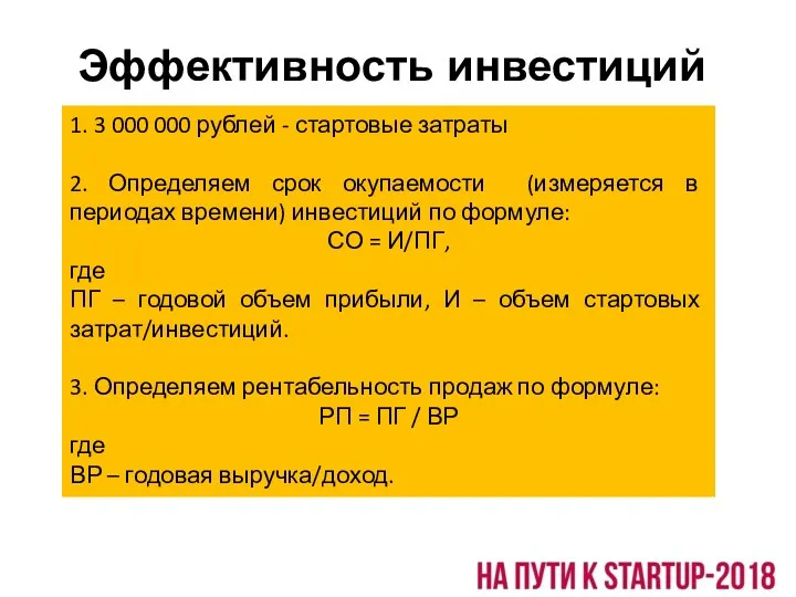 Эффективность инвестиций 1. 3 000 000 рублей - стартовые затраты