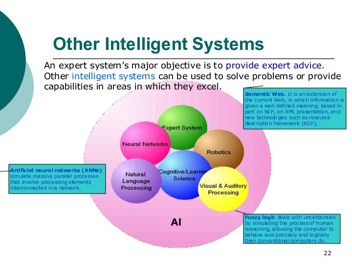 Other Intelligent Systems An expert system’s major objective is to