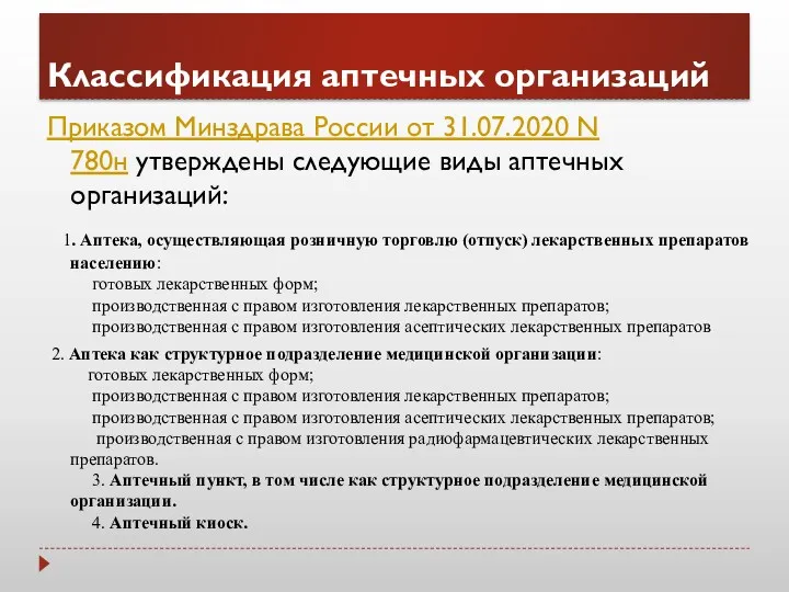 Приказом Минздрава России от 31.07.2020 N 780н утверждены следующие виды аптечных организаций: 1.
