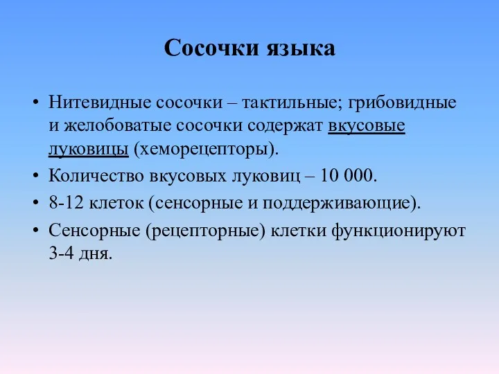 Сосочки языка Нитевидные сосочки – тактильные; грибовидные и желобоватые сосочки