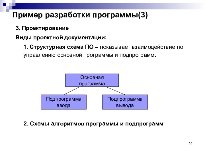 Пример разработки программы(3) 3. Проектирование Виды проектной документации: 1. Структурная схема ПО –
