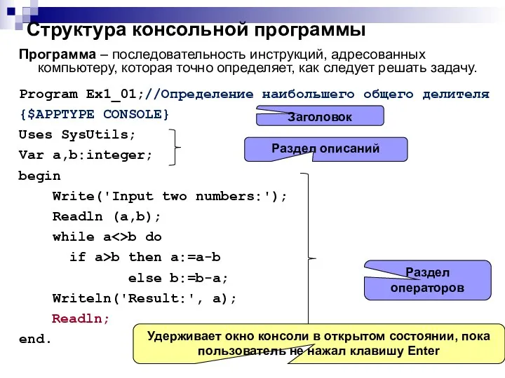Структура консольной программы Программа – последовательность инструкций, адресованных компьютеру, которая точно определяет, как