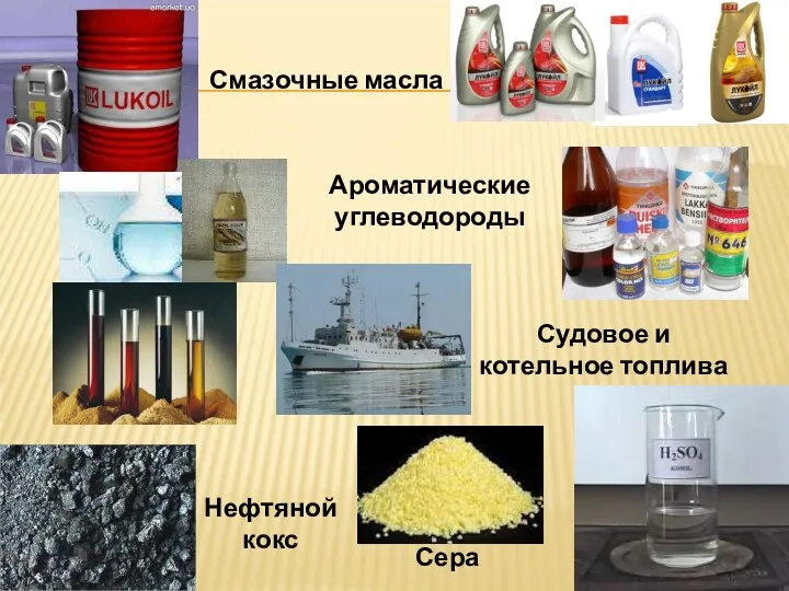 Смазочные масла Ароматические углеводороды Судовое и котельное топлива Нефтяной кокс Сера