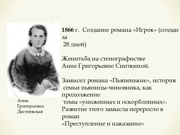 Анна Григорьевна Достоевская 1866 г. Создание романа «Игрок» (создан за