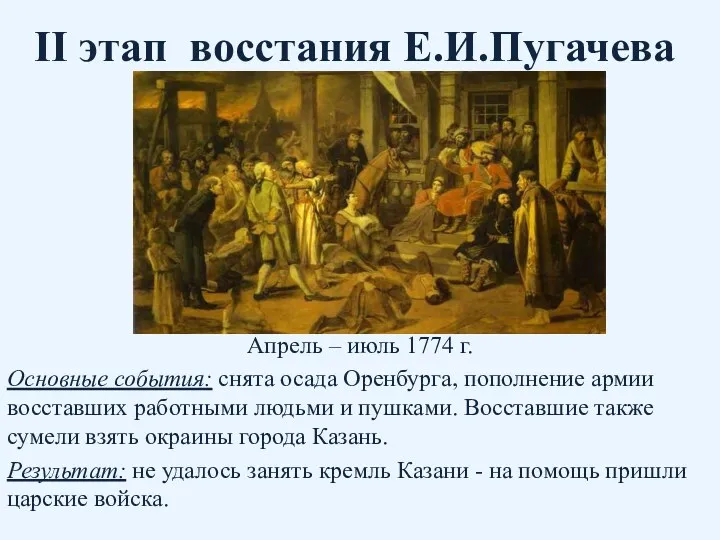 II этап восстания Е.И.Пугачева Апрель – июль 1774 г. Основные