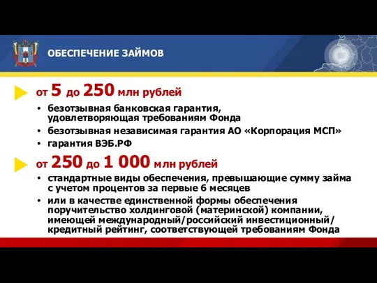 ОБЕСПЕЧЕНИЕ ЗАЙМОВ от 5 до 250 млн рублей безотзывная банковская