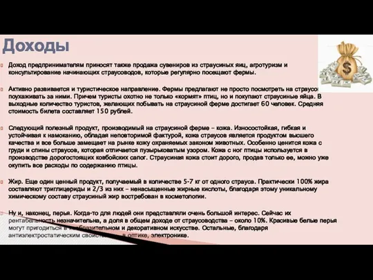 Доход предпринимателям приносят также продажа сувениров из страусиных яиц, агротуризм