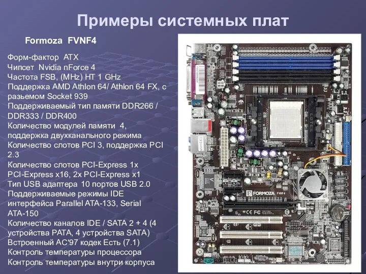 Примеры системных плат Форм-фактор ATX Чипсет Nvidia nForce 4 Частота