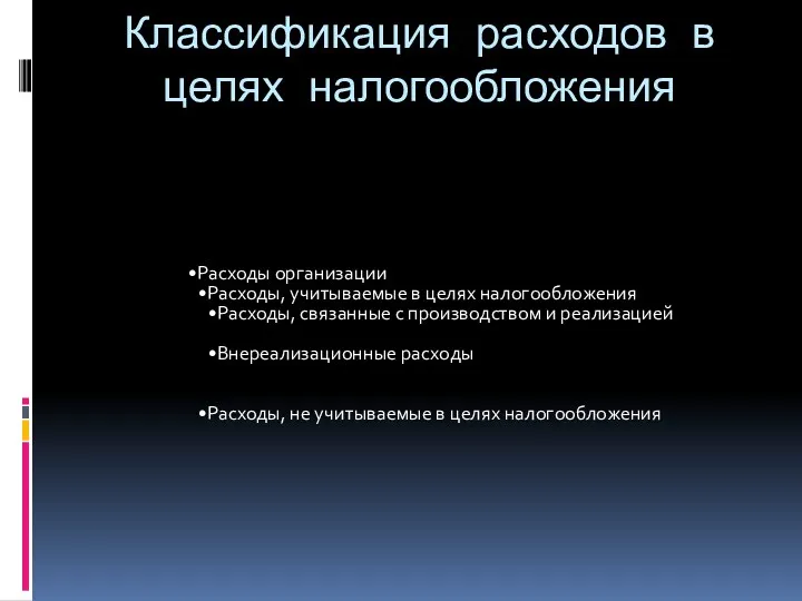 Классификация расходов в целях налогообложения Расходы организации Расходы, учитываемые в целях налогообложения Расходы,