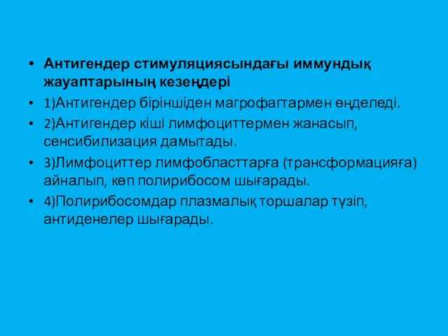 Антигендер стимуляциясындағы иммундық жауаптарының кезеңдері 1)Антигендер біріншіден магрофагтармен өңделеді. 2)Антигендер