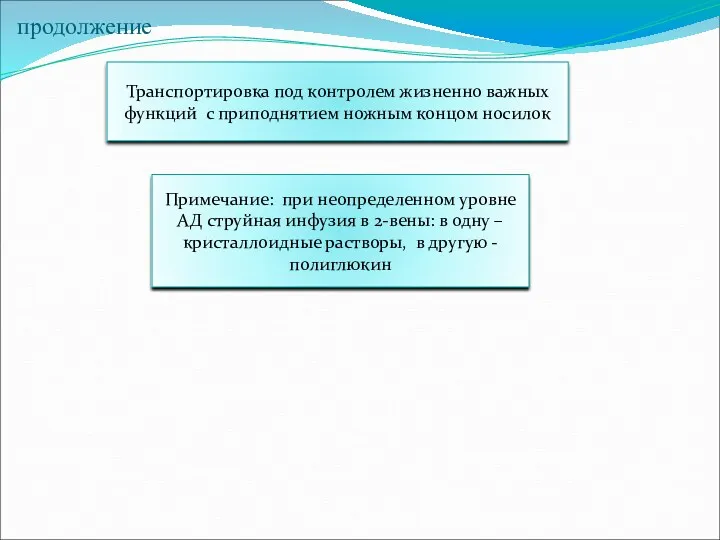 продолжение Транспортировка под контролем жизненно важных функций с приподнятием ножным