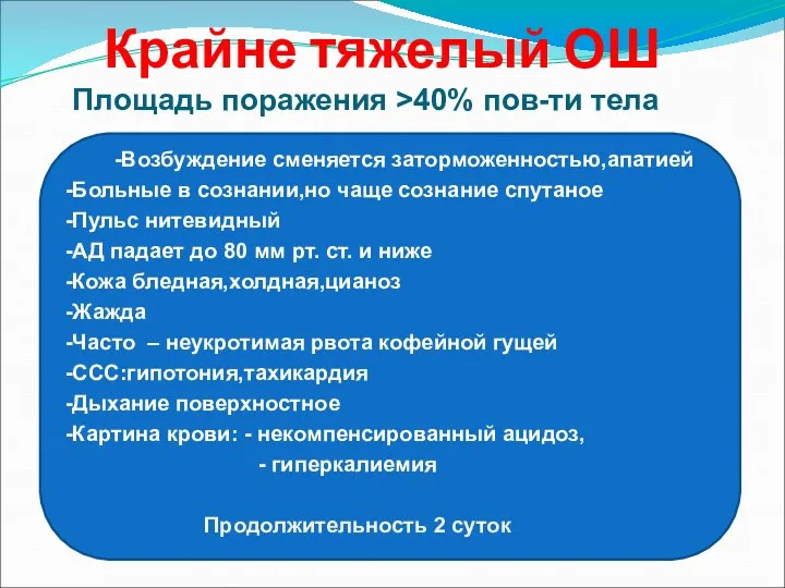 Крайне тяжелый ОШ -Возбуждение сменяется заторможенностью,апатией -Больные в сознании,но чаще