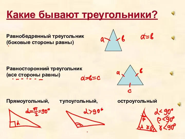 Какие бывают треугольники? Равнобедренный треугольник (боковые стороны равны) Равносторонний треугольник (все стороны равны) Прямоугольный, тупоугольный, остроугольный