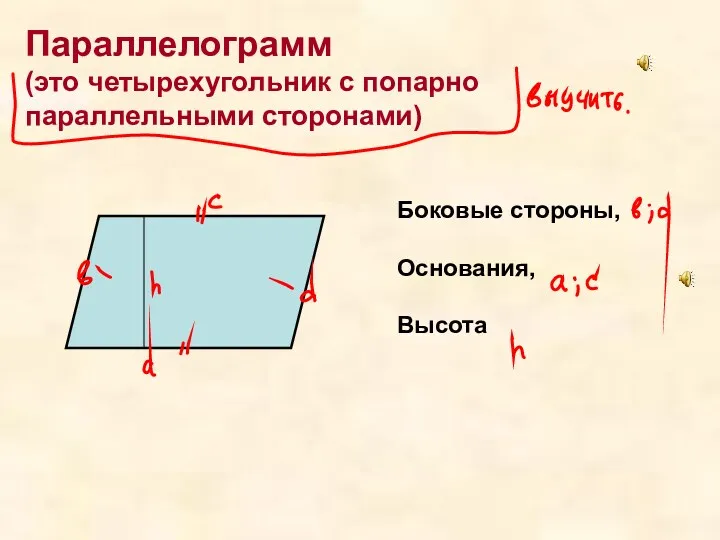 Параллелограмм (это четырехугольник с попарно параллельными сторонами) Боковые стороны, Основания, Высота