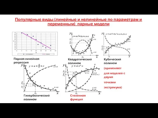 Популярные виды (линейные и нелинейные по параметрам и переменным) парные