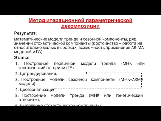 Метод итерационной параметрической декомпозиции Результат: математические модели тренда и сезонной