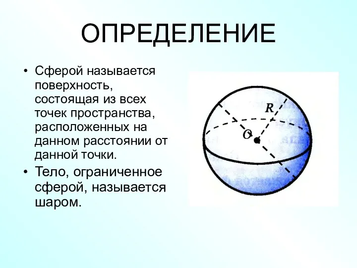 ОПРЕДЕЛЕНИЕ Сферой называется поверхность, состоящая из всех точек пространства, расположенных