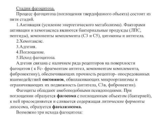 Стадии фагоцитоза. Процесс фагоцитоза (поглощения твердофазного объекта) состоит из пяти