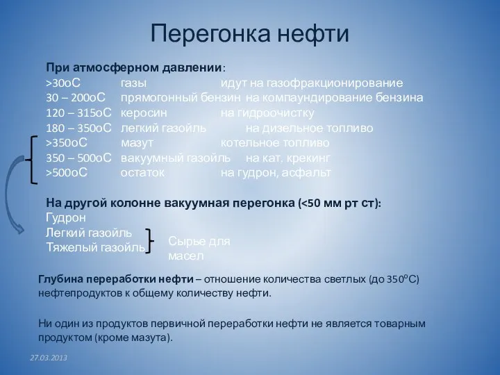 Перегонка нефти Глубина переработки нефти – отношение количества светлых (до