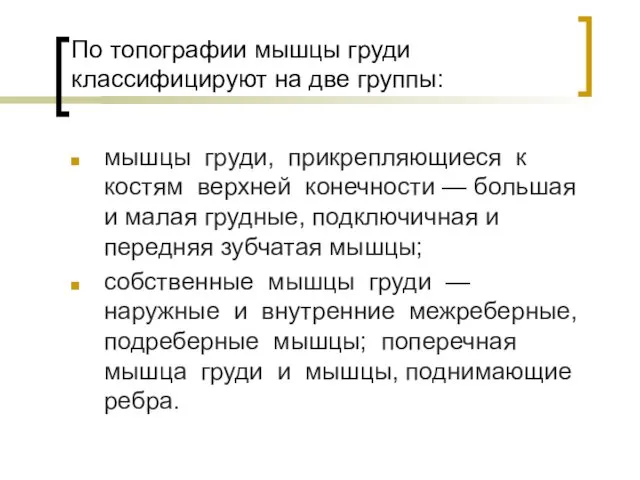 По топографии мышцы груди классифицируют на две группы: мышцы груди,