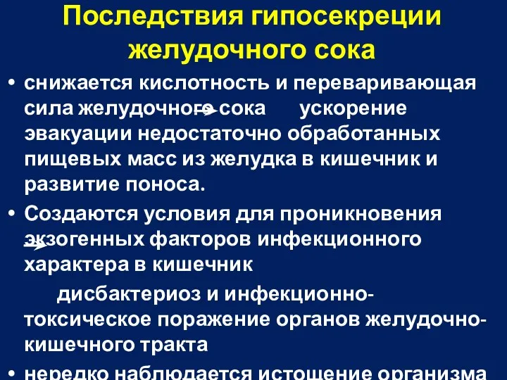 Последствия гипосекреции желудочного сока снижается кислотность и переваривающая сила желудочного сока ускорение эвакуации