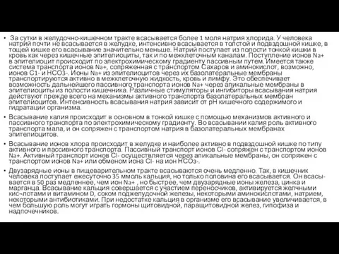 За сутки в желудочно-кишечном тракте всасывается более 1 моля натрия хлорида. У человека