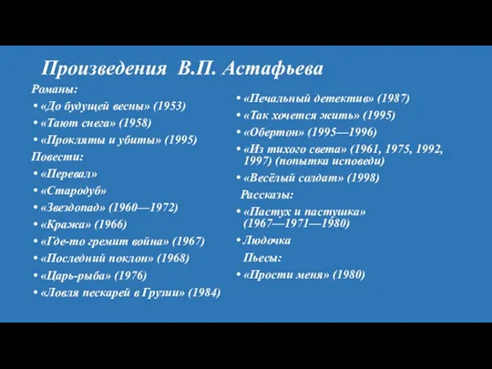 Произведения В.П. Астафьева Романы: «До будущей весны» (1953) «Тают снега»