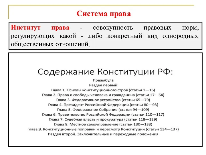 Институт права - совокупность правовых норм, регулирующих какой - либо