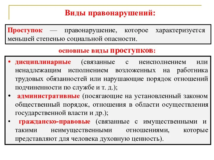 Виды правонарушений: Проступок — правонарушение, которое характеризуется меньшей степенью социальной