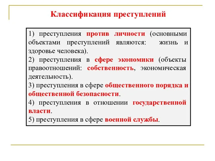 Классификация преступлений 1) преступления против личности (основными объектами преступлений являются: