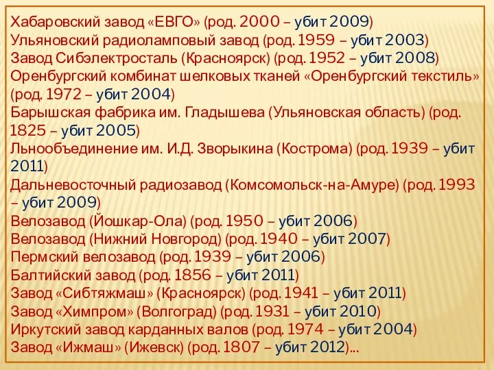 Хабаровский завод «ЕВГО» (род. 2000 – убит 2009) Ульяновский радиоламповый