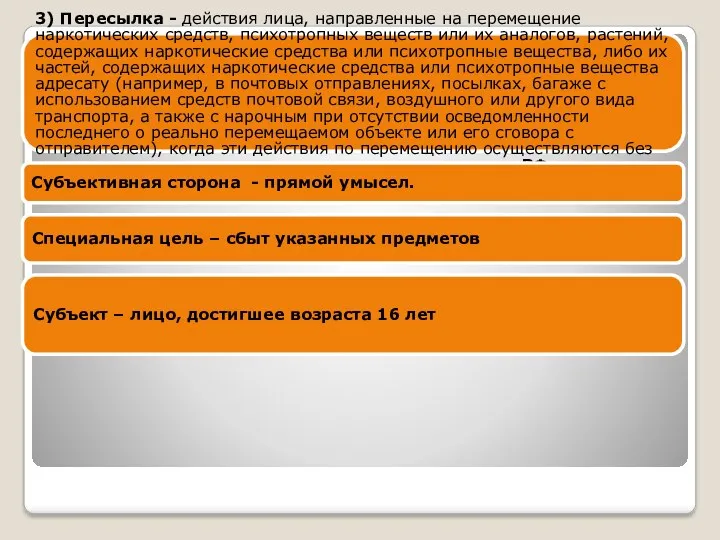 3) Пересылка - действия лица, направленные на перемещение наркотических средств,