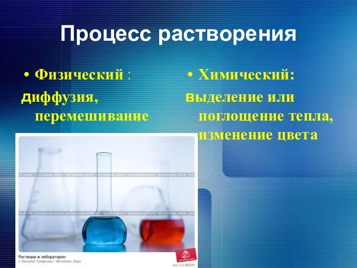 Процесс растворения Физический : диффузия, перемешивание Химический: выделение или поглощение тепла, изменение цвета