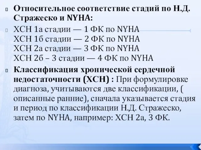 Относительное соответствие стадий по Н.Д. Стражеско и NYHA: ХСН 1а